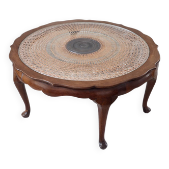 Vintage wooden coffee table with caning and glass top – 1950s/70s