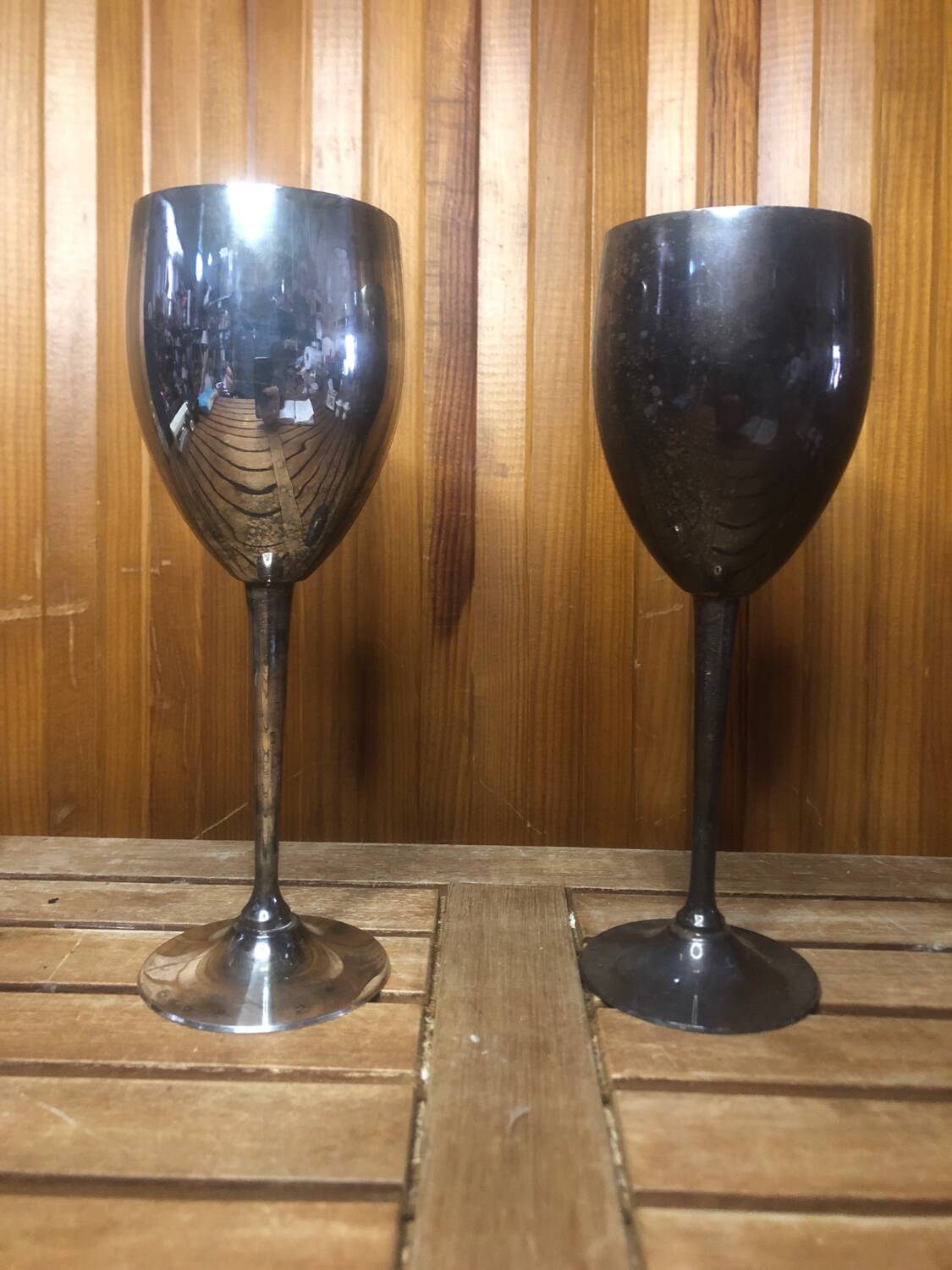 Pair of vintage silver metal wine glasses