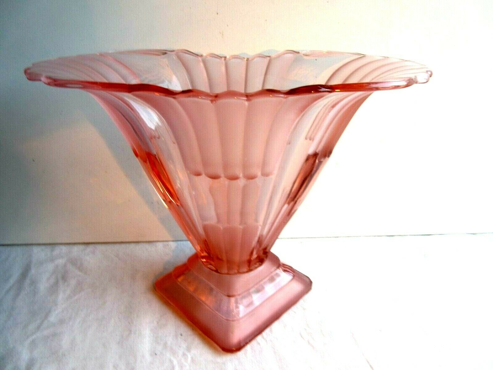 Large fan vase, glass, bright pink and frosted, Art Deco