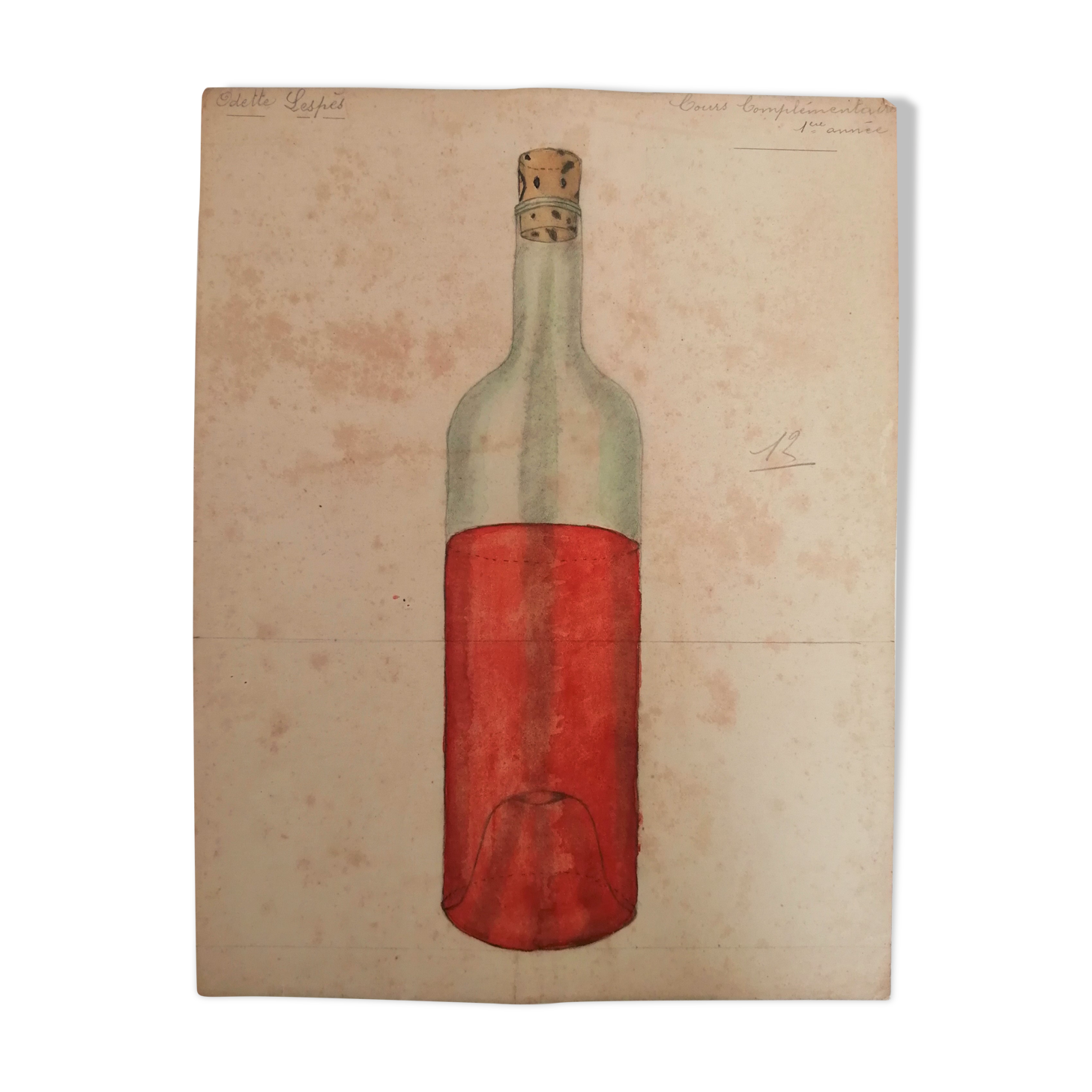 School drawing, study 20s to frame "bottle of wine"