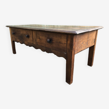 Old coffee table from the Guérandais region in solid oak with 2 drawers