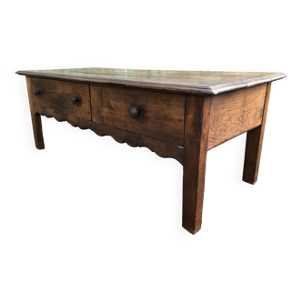 Old coffee table from the Guérandais region in solid oak with 2 drawers