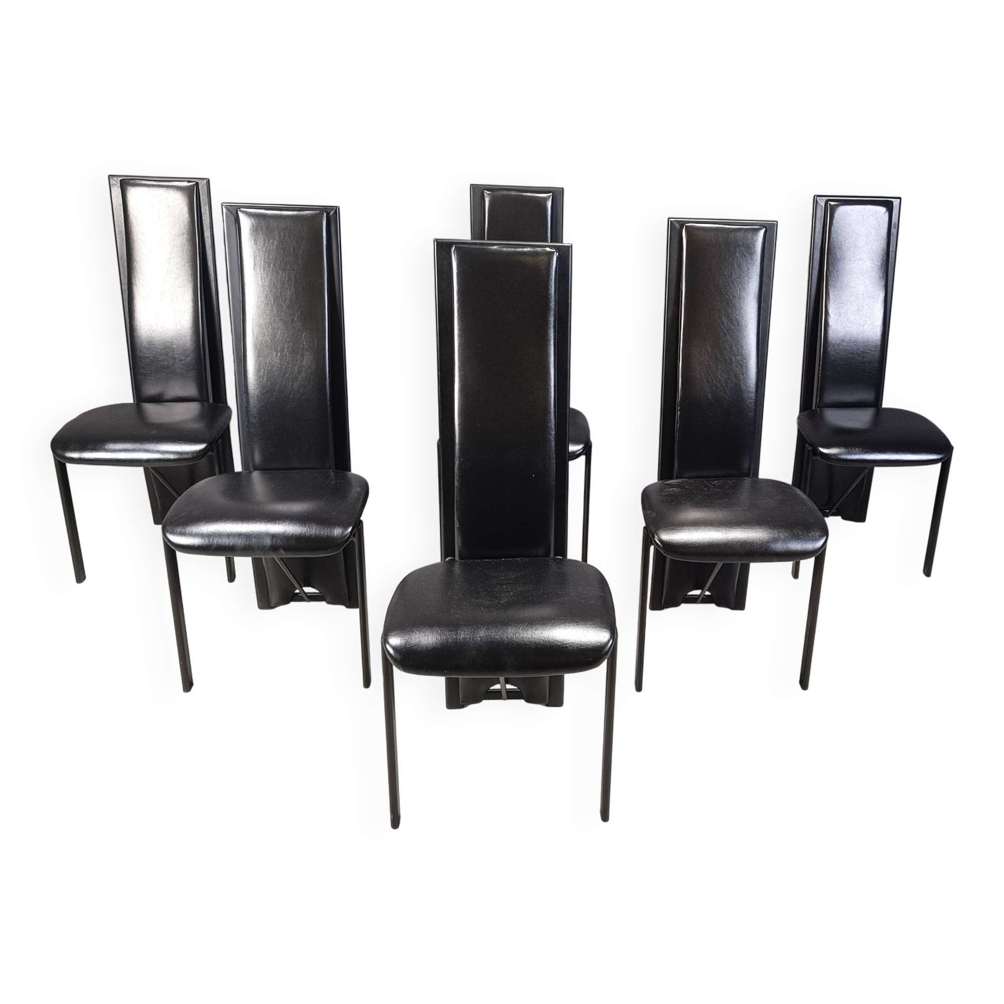 Chaises de salle à manger hautes en cuir noir vintage, lot de 6, années 1980