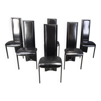 Chaises de salle à manger hautes en cuir noir vintage, lot de 6, années 1980
