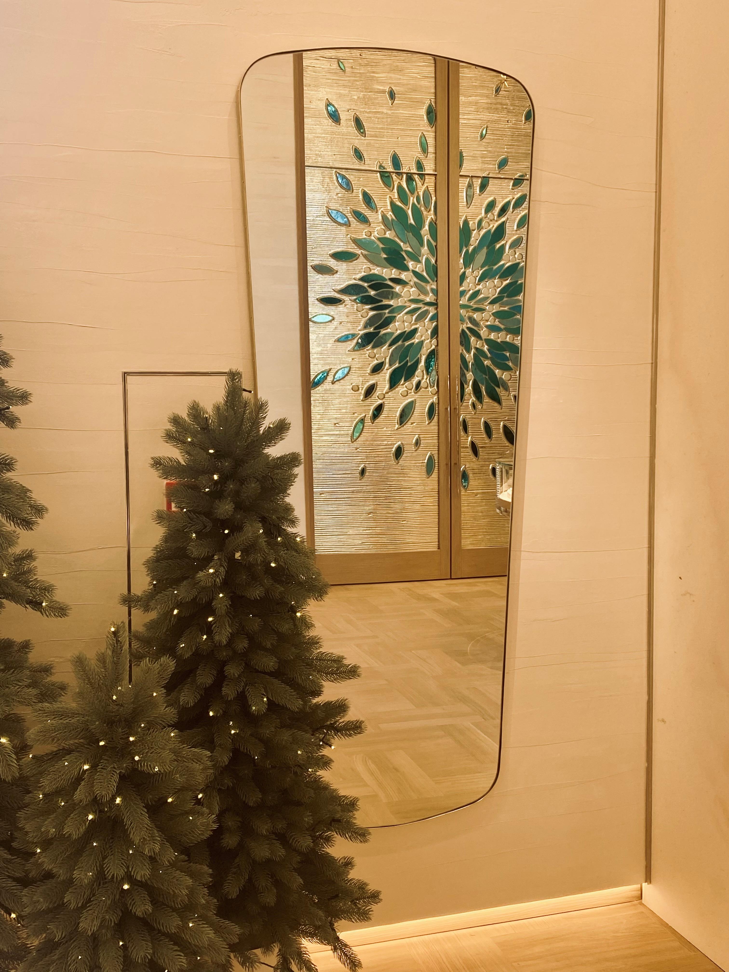 Medium Rectangular Mirror Mid-Century Style Rounded Edges and Embossed Brass Frame