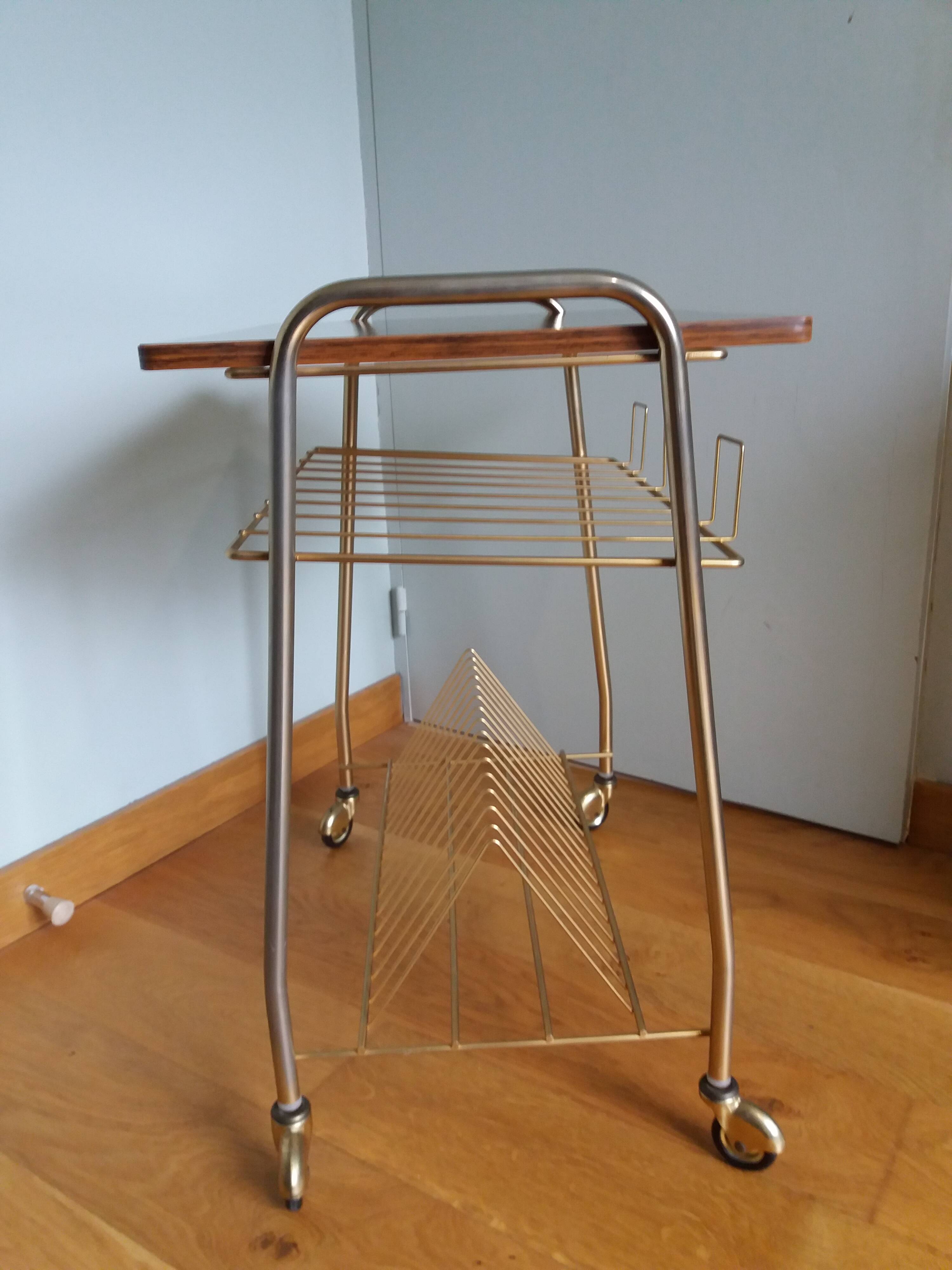 Table trolley for vinyls or magazines in gold metal and formica