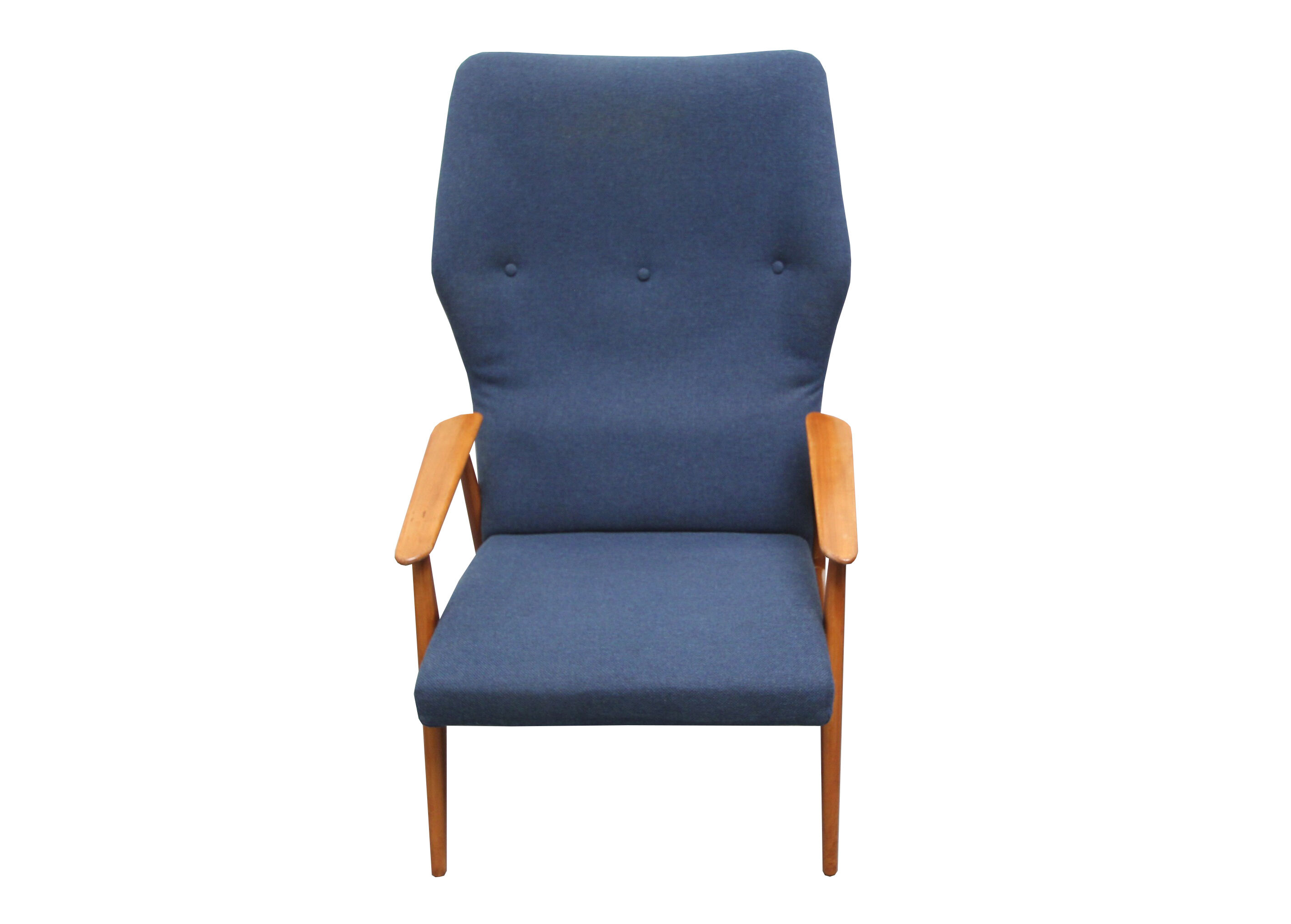 Danish armchair in cherry wood and dark blue fabric