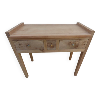 Console en bois massif, merisier et loupe d'orme, 3 tiroirs