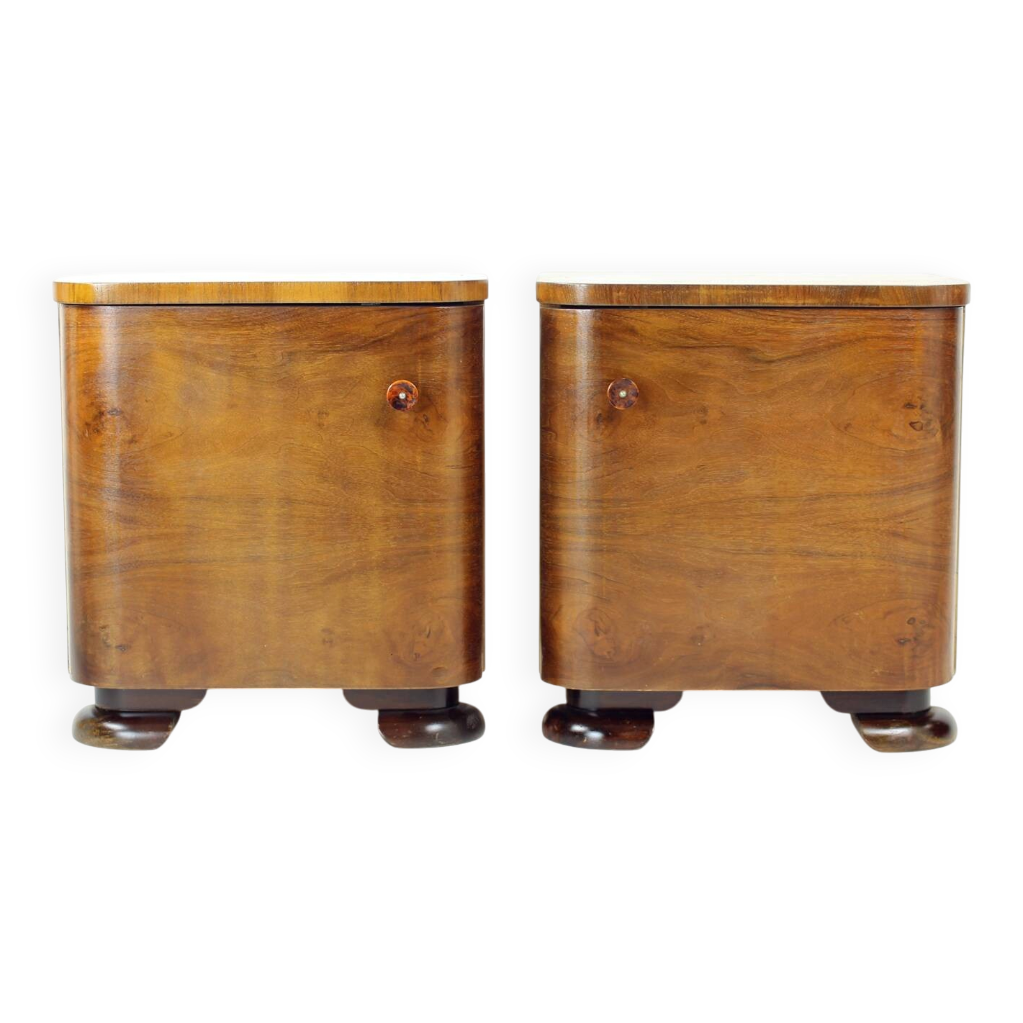 Minimalistic Art Deco Bedside Tables In Walnut Veneer, Czechoslovakia 1930s