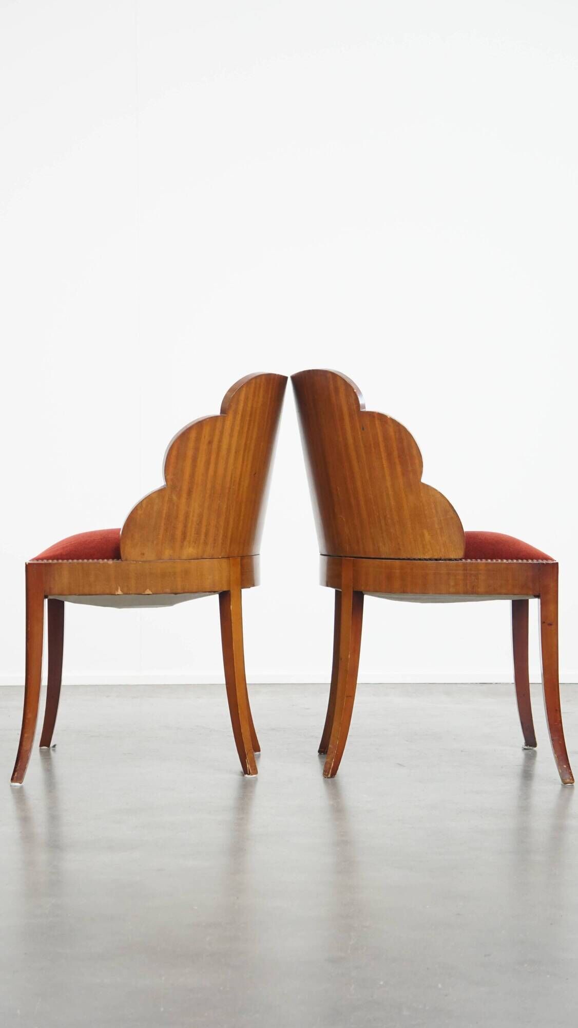 Set of 4 Art Deco Dining Chairs with Red Upholstery and Wooden Backs