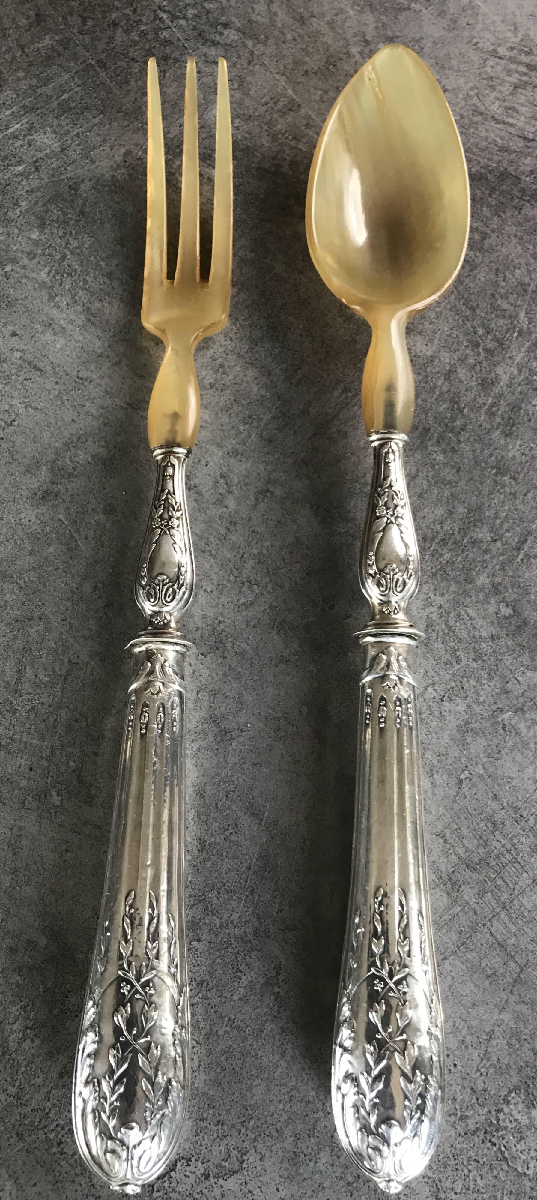 Serving cutlery, salad cutlery, in filled silver, minerva hallmarks