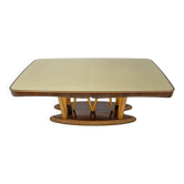 Table à manger italienne du milieu du siècle avec plateau en verre et base sculpturale en érable.