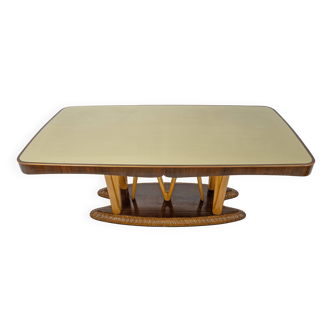 Italian Mid-Century Dining Table with Glass Top and Sculptural Maple Base