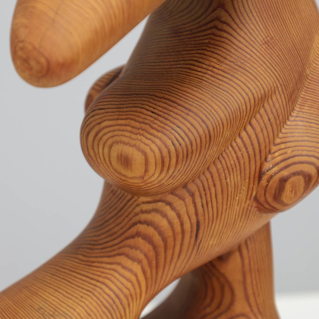 Hand-carved organic sculpture in solid pinewood, 1977