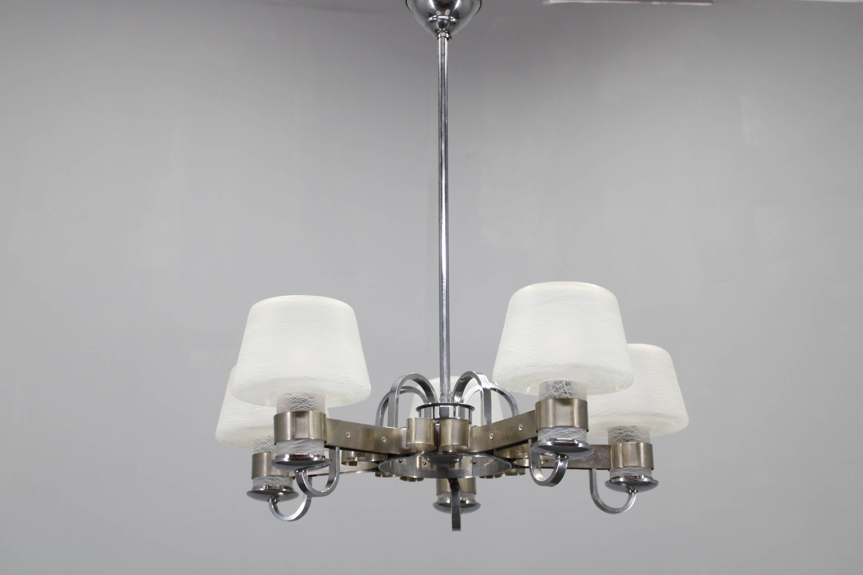 Art Deco nickel chandelier with textured glass, Czechoslovakia, 1930s