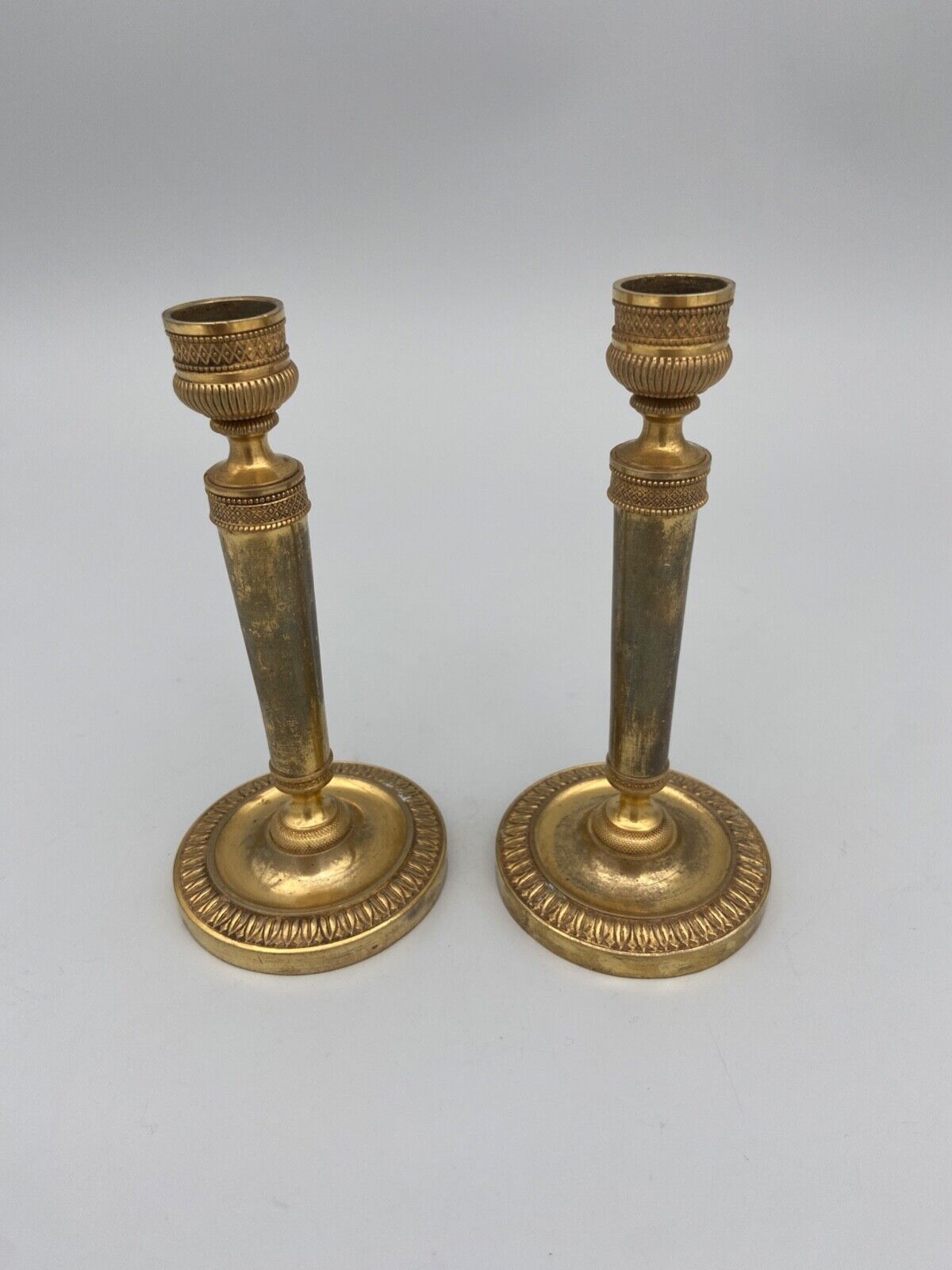 Pair of miniature candle holders in bronze dore restoration period nineteenth