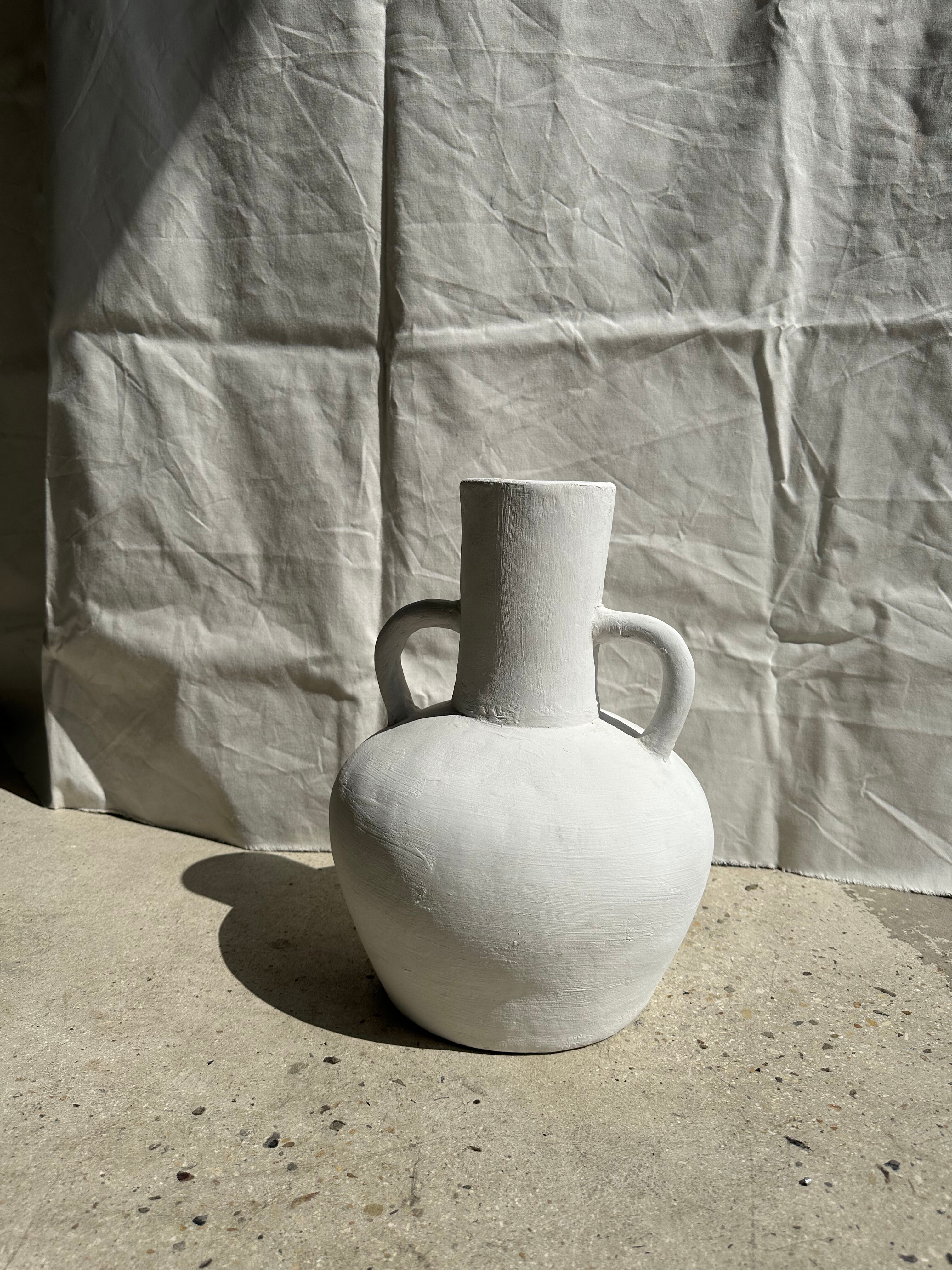 Handcrafted terracotta vase painted white with double handles h:40 d:30