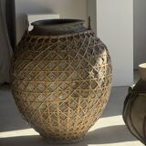 Immense light grey antique-style pot with a crosshatch lid and handles.