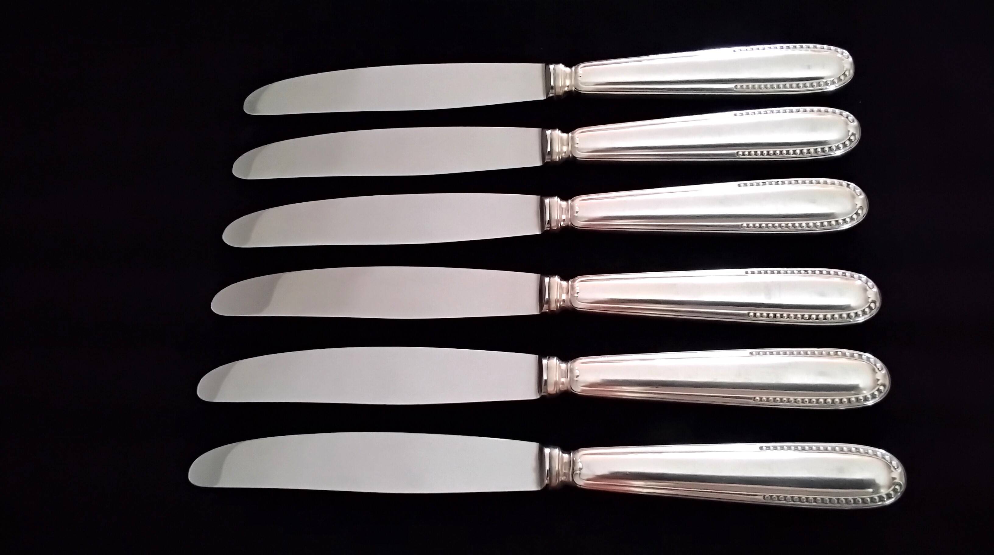 6 Silver-Plated Metal Table Knives Ravinet d'Enfert Beaded Model