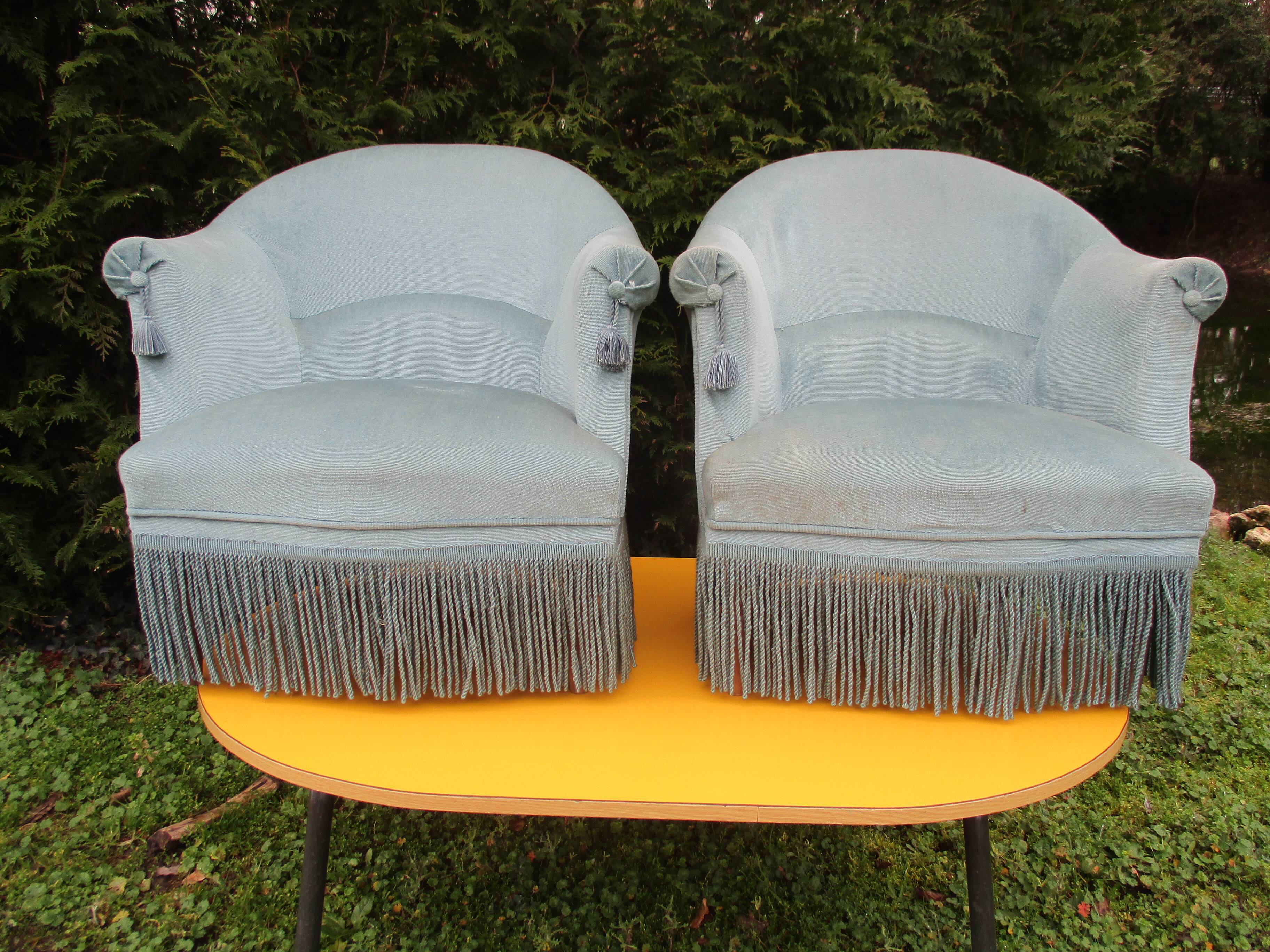 Pair of blue velvet toad armchairs