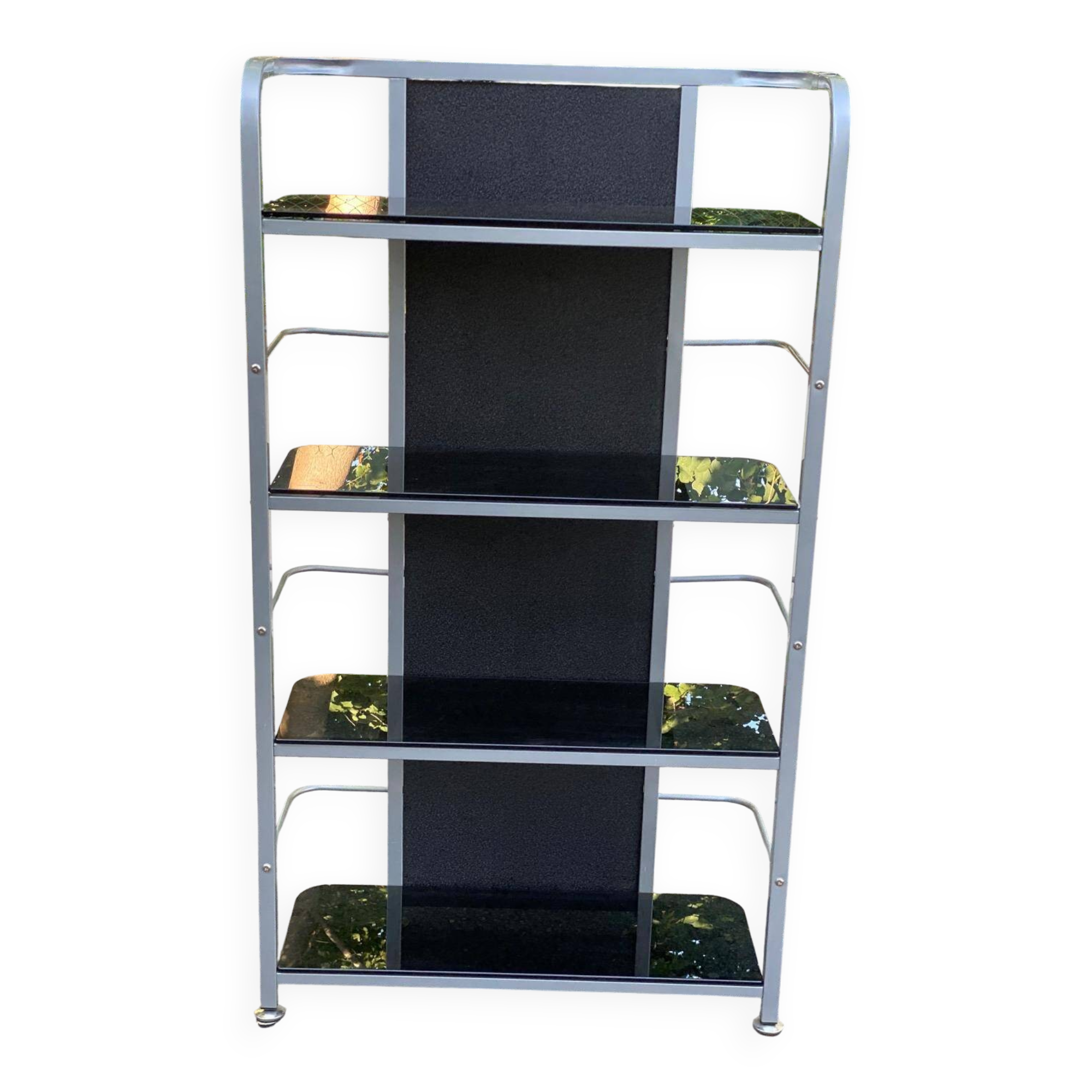 Vintage shelf in chrome metal and smoked glass 143cm