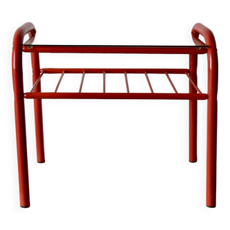 Vintage side table in red tubular steel - smoked glass window - 1980s