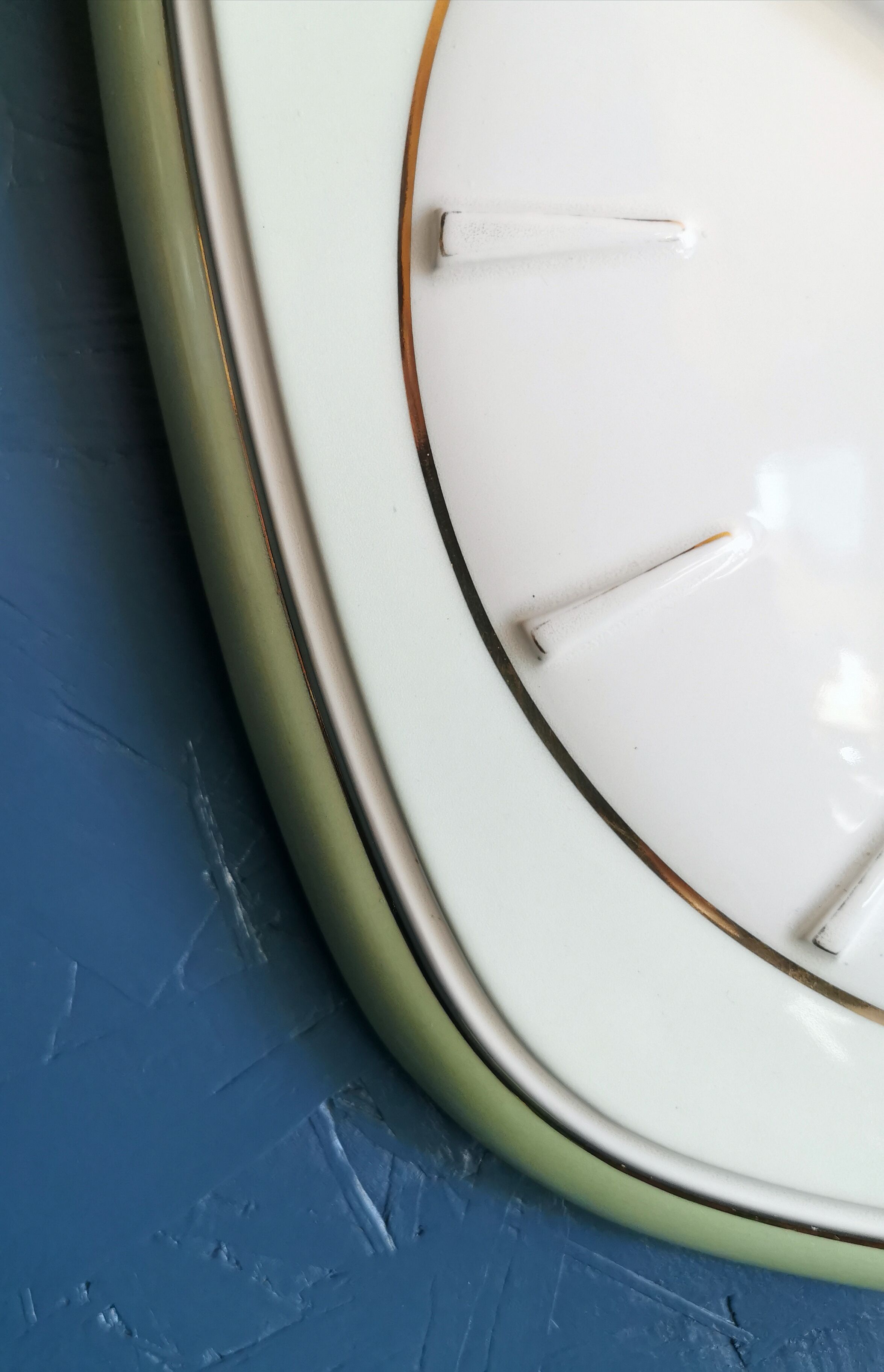 Vintage ceramic clock asymmetrical silent wall clock "Diehl golden green"