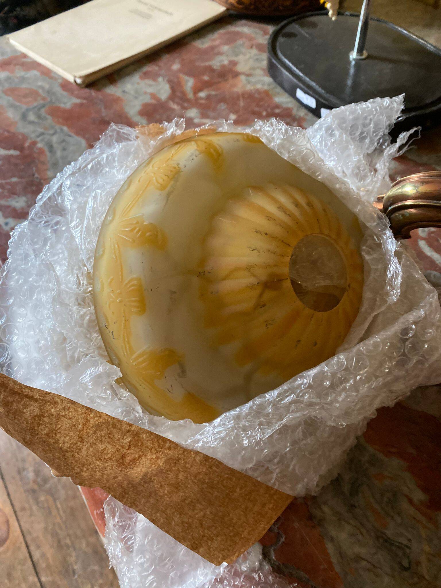 Art deco chandelier in copper with 6 glass tulips.