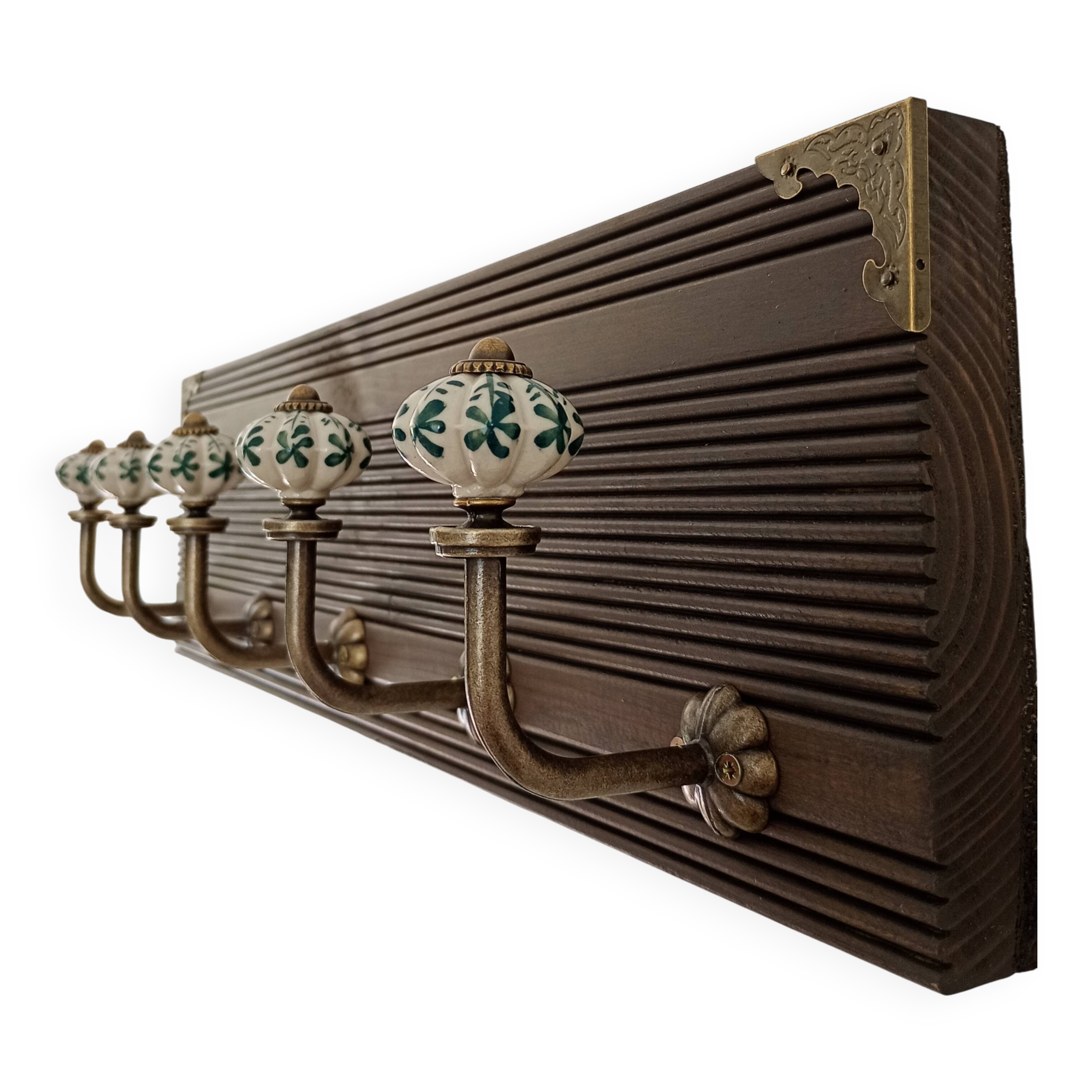 Vintage wall coat rack with 5 ceramic hooks and floral patterns, 50 cm.