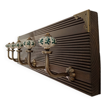 Vintage wall coat rack with 5 ceramic hooks and floral patterns, 50 cm.