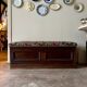 Dark wood and floral jacquard storage bench
