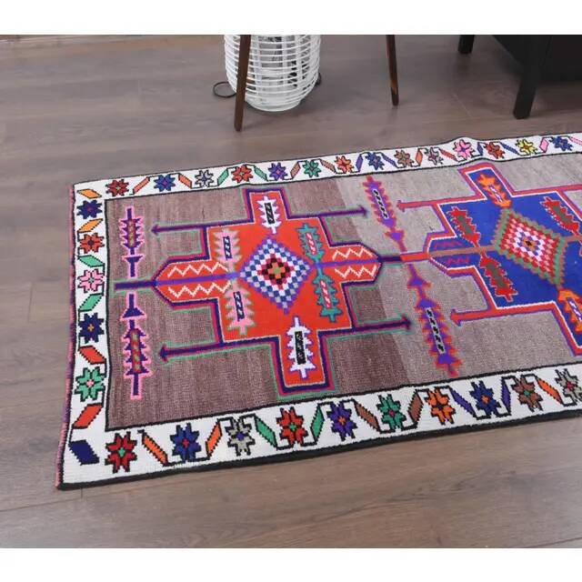 Vintage Turkish Hand-Knotted Wool Cotton Brown Runner 81x347