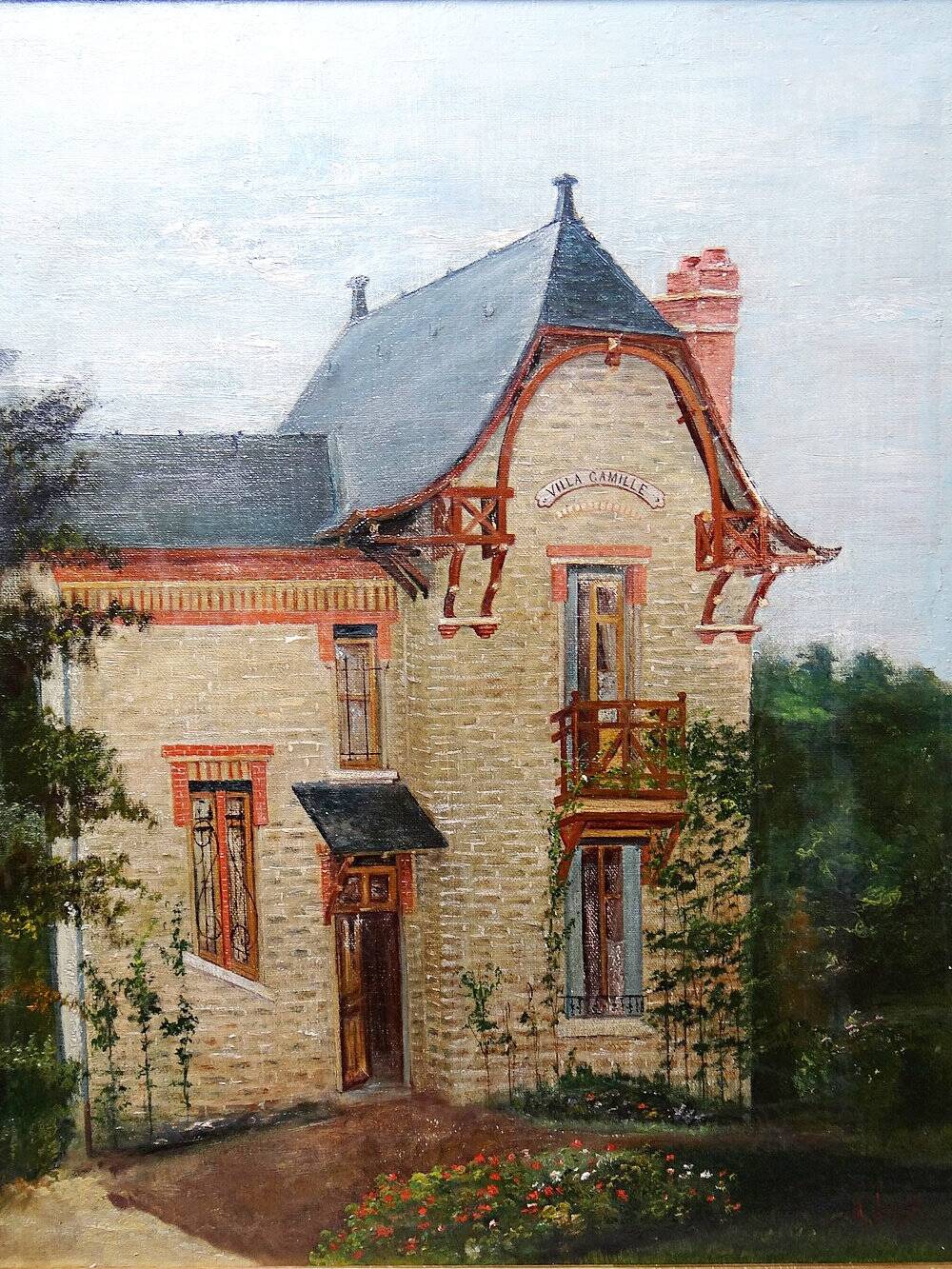 Large painting "Villa Camille" from the 1940s-60s, oil on canvas signed M. Lesoll.