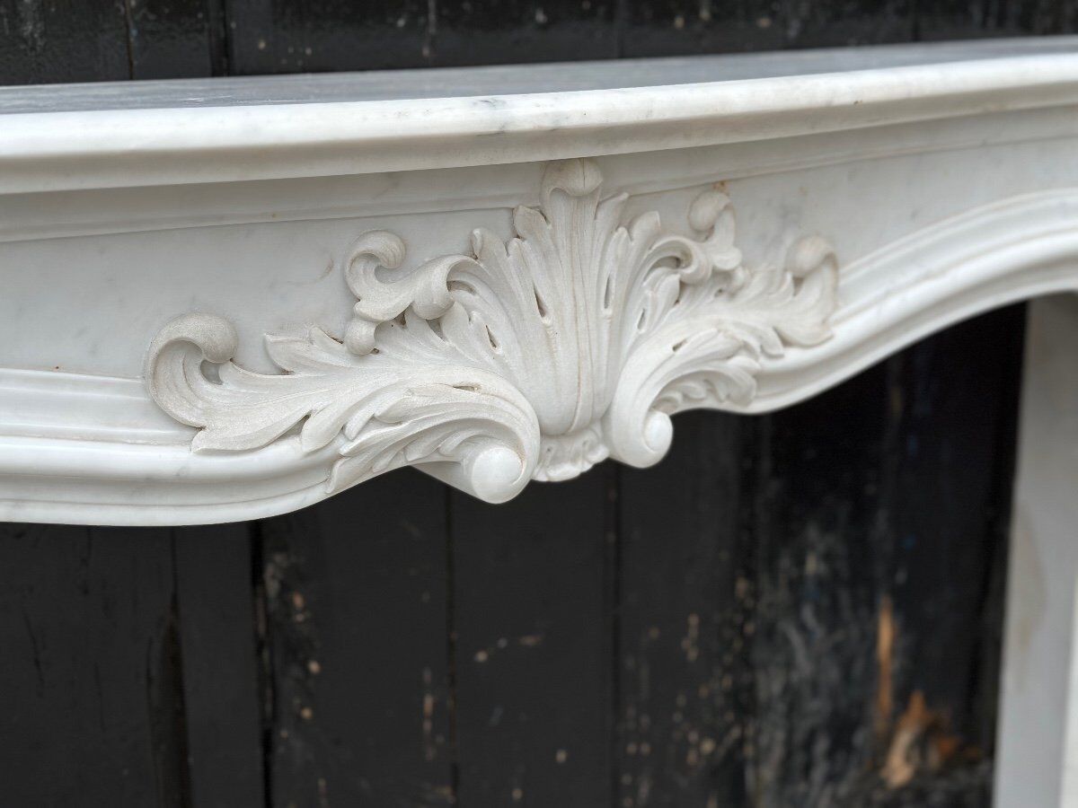 Louis XV style fireplace in white Carrara marble circa 1980