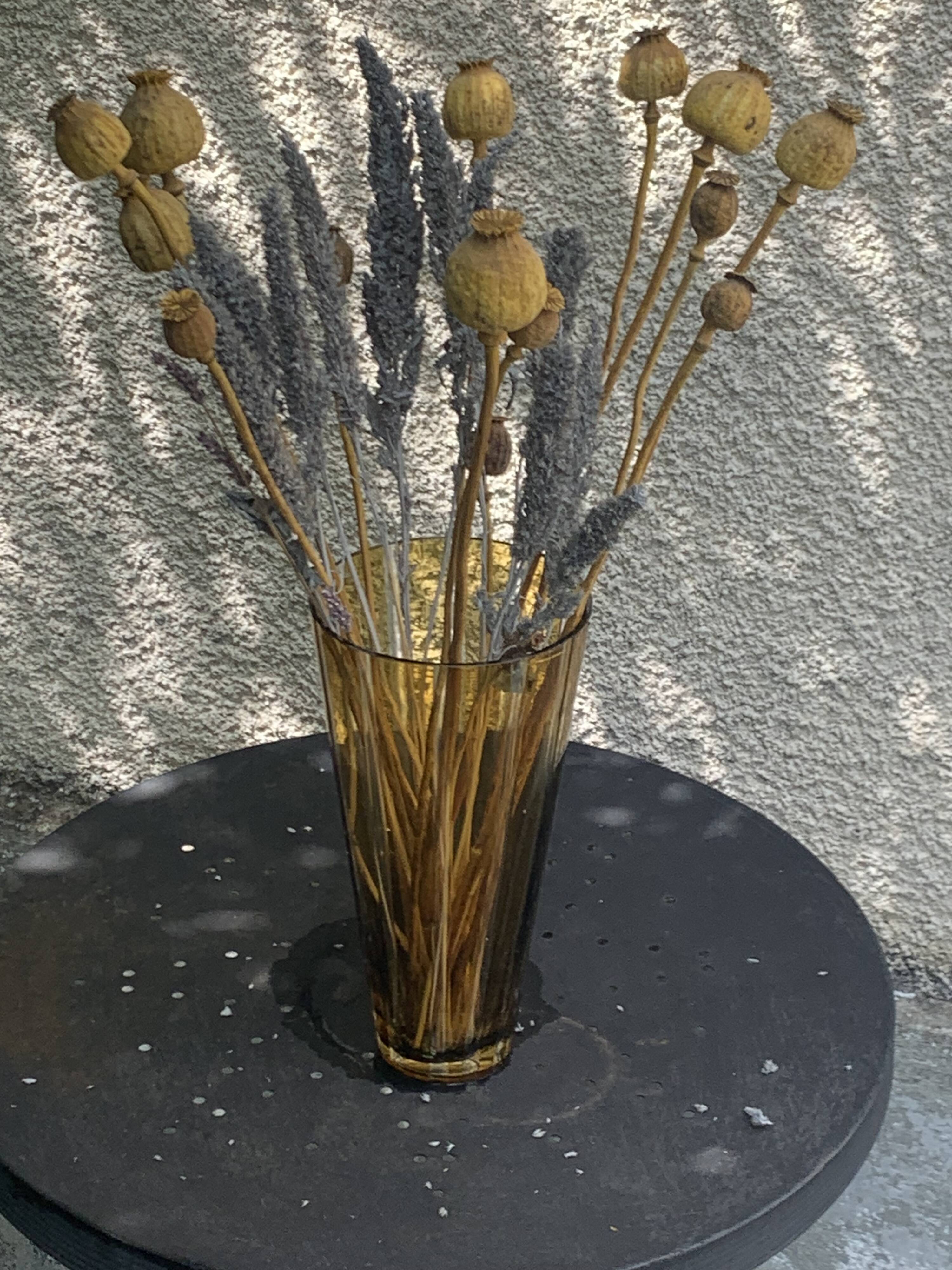 Bayadere patterned vase in glass, transparent and vintage ochre