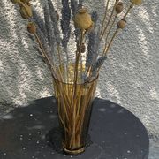 Bayadere patterned vase in glass, transparent and vintage ochre