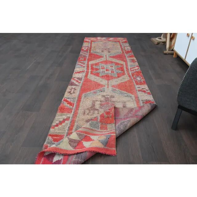 1970s Turkish Oushak Handmade Wool Cotton Red Runner Rug 86x344
