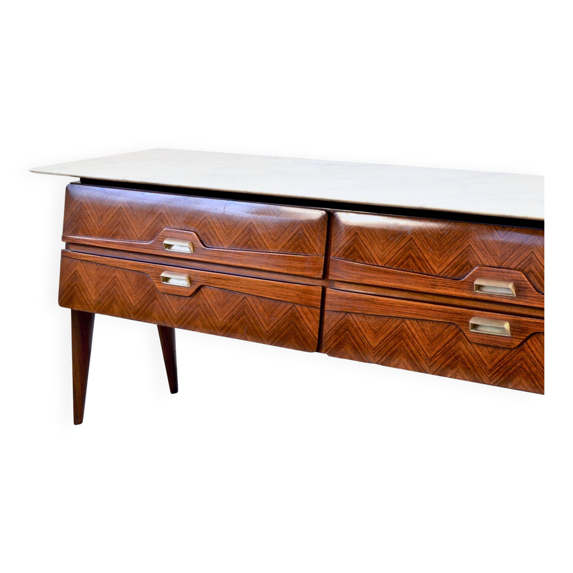 Italian Midcentury Sideboard in Rosewood, Carrara Marble and Brass