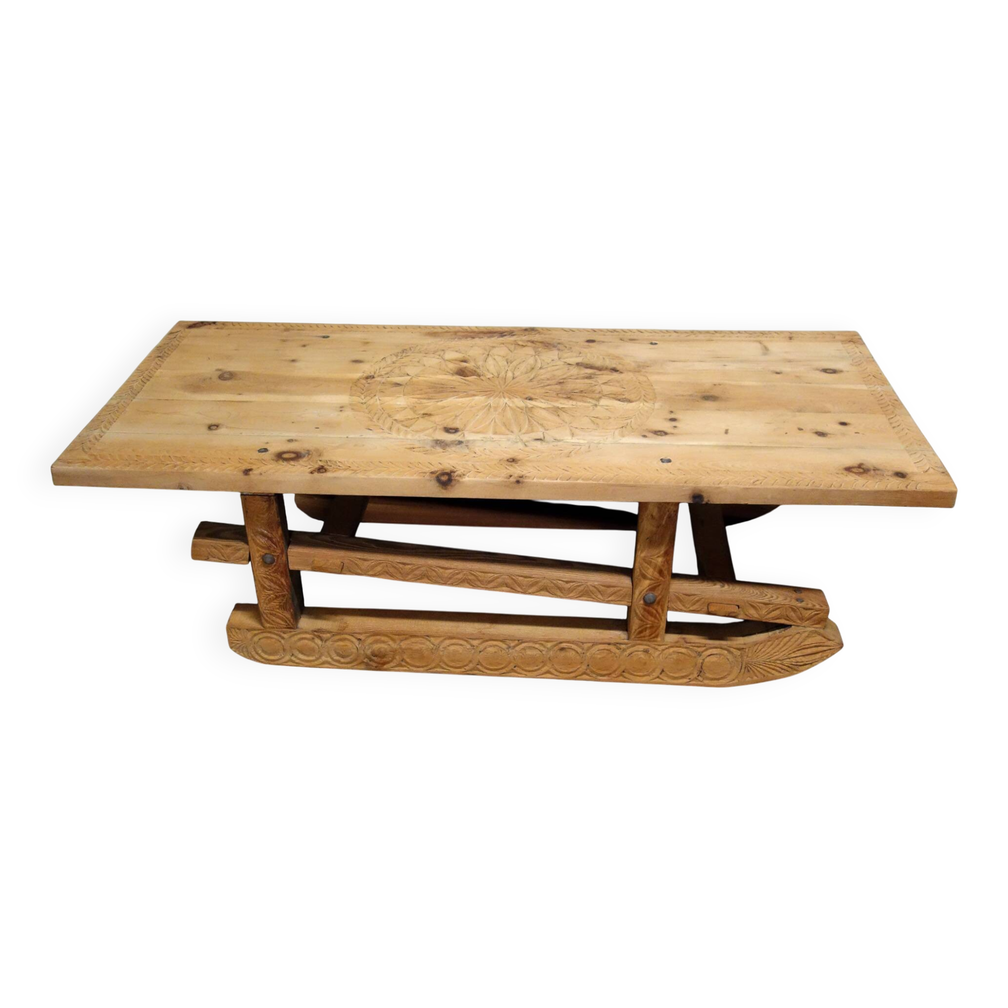 Large 19th century sculpted sled coffee table, folk art, France