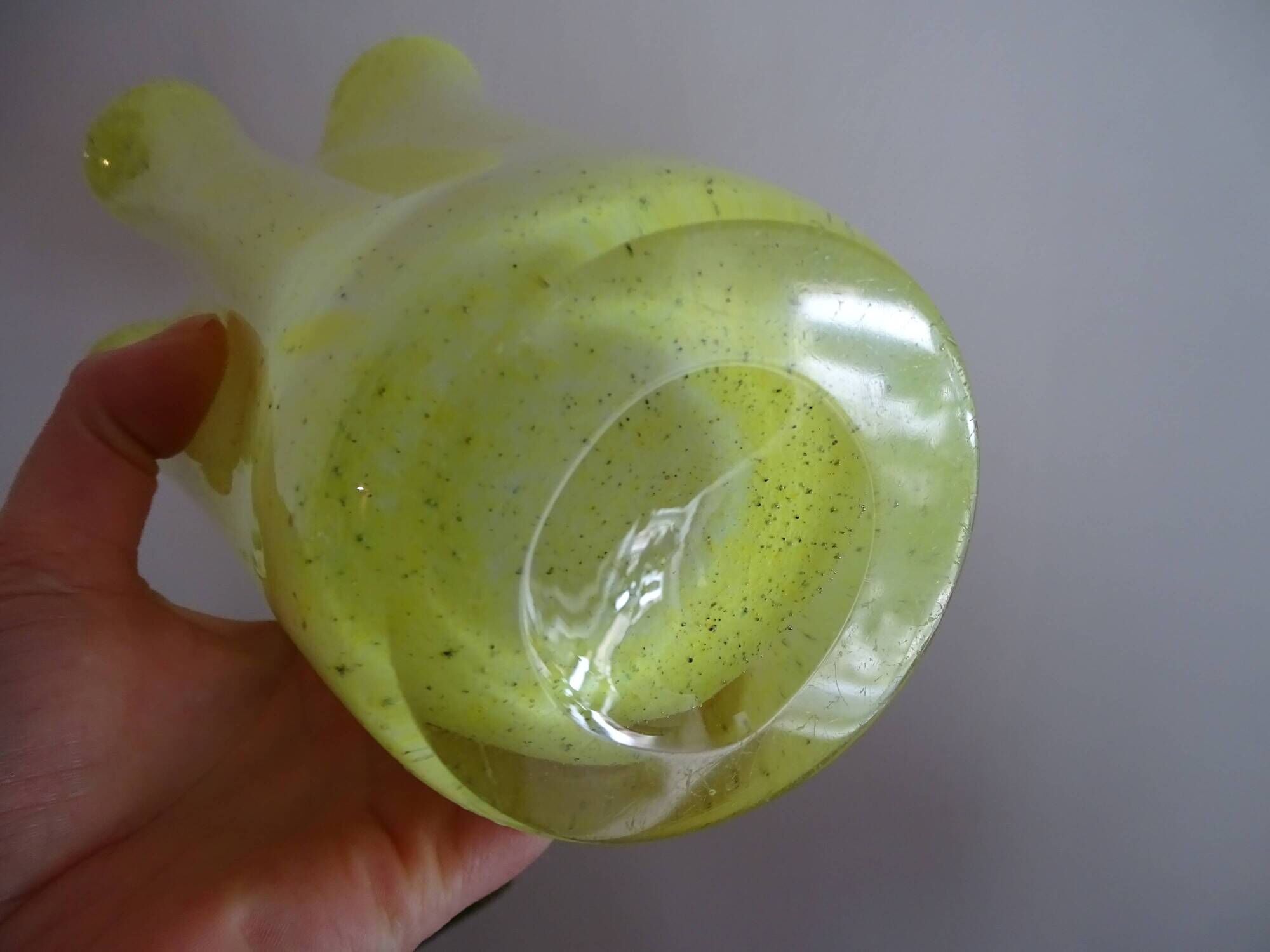 Vintage 1960s murano glass handkerchief vase, yellow and white speckled
