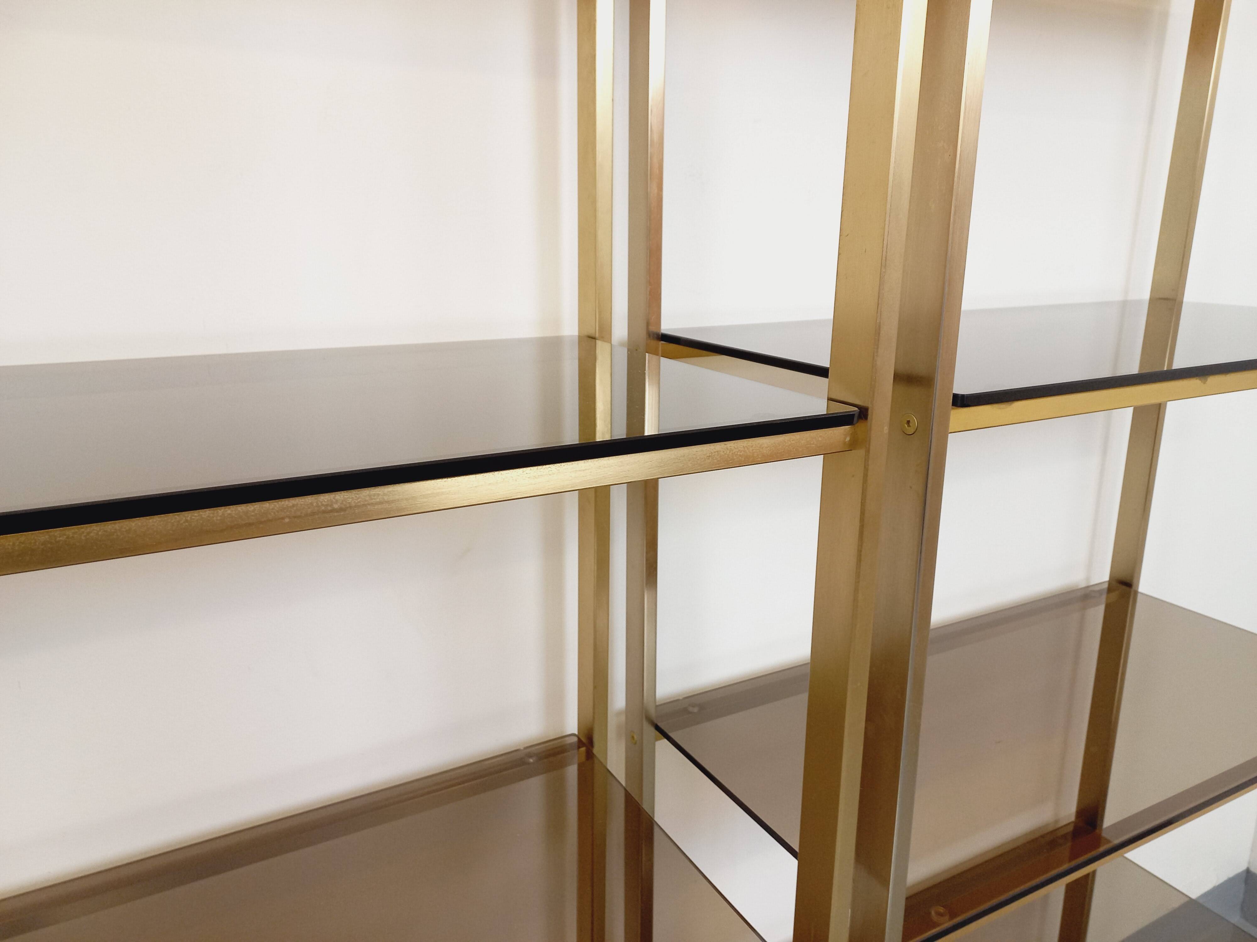 Artelano vintage bookcase shelves in gold metal smoked glass from the 70s