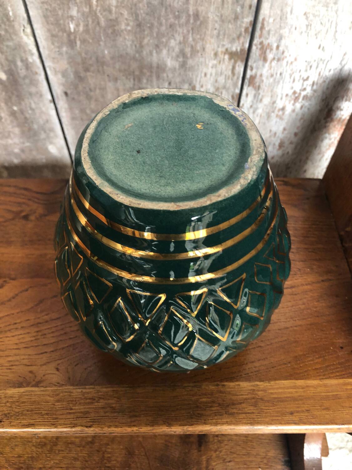 Old vallauris vase green ceramic & vintage gold decor #a798
