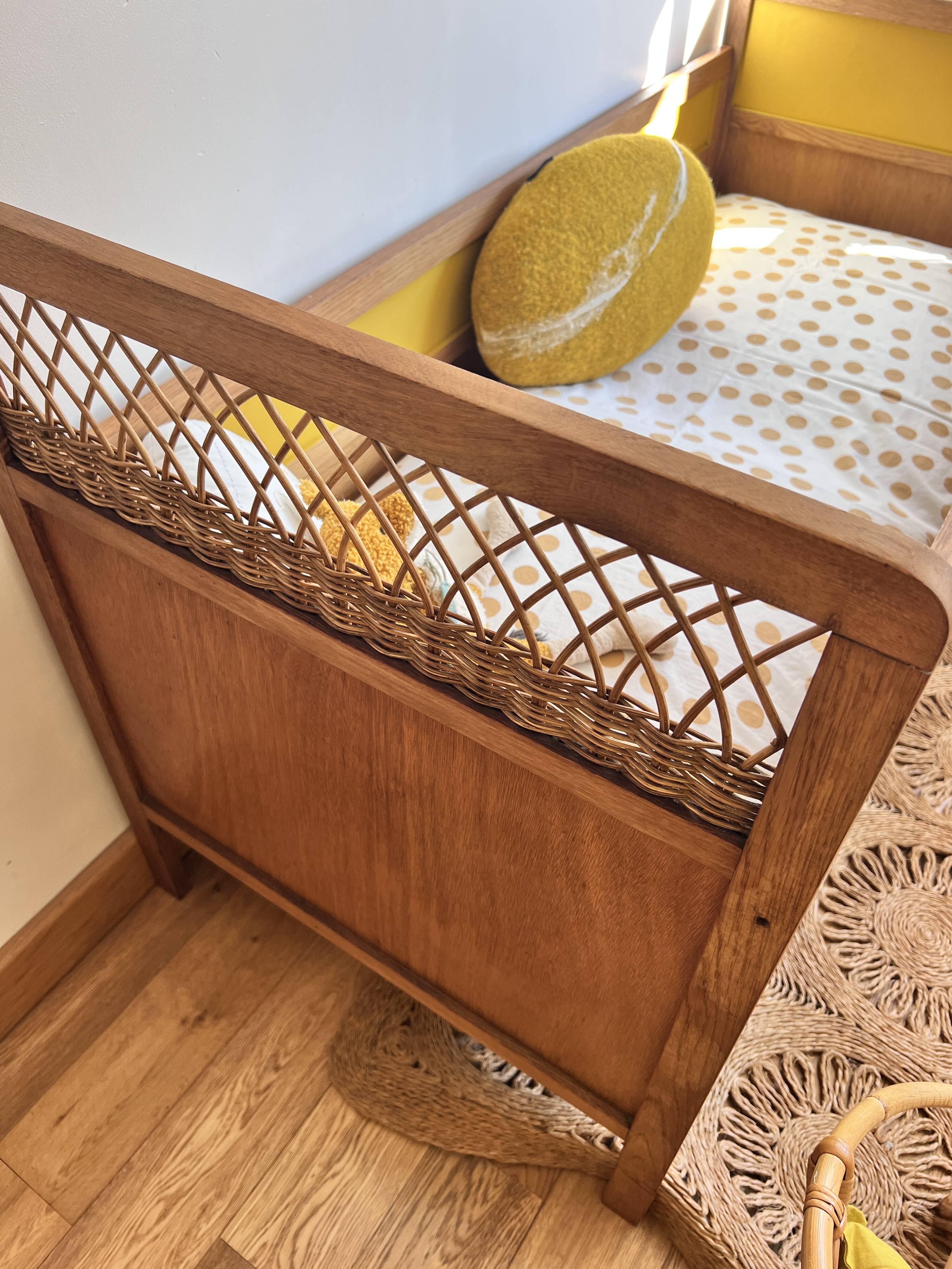 Vintage rattan and wood baby bed