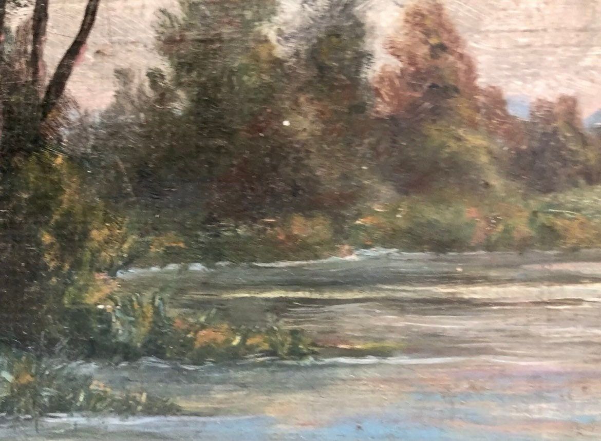 Mid 20th Century French Farmhouse Landscape Oil Painting on Board
