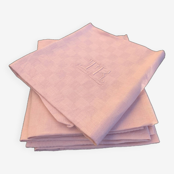 8 grandes serviettes en coton teintées rose poudre, brodées, monogrammes TK, ancienne