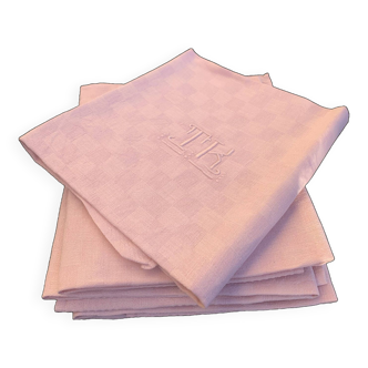 8 grandes serviettes en coton teintées rose poudre, brodées, monogrammes TK, ancienne