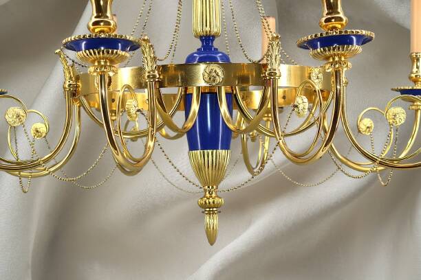 A True Gem, this Chandelier with Bright Gold Finish & Royal Blue in Bronze, Eight Lights.