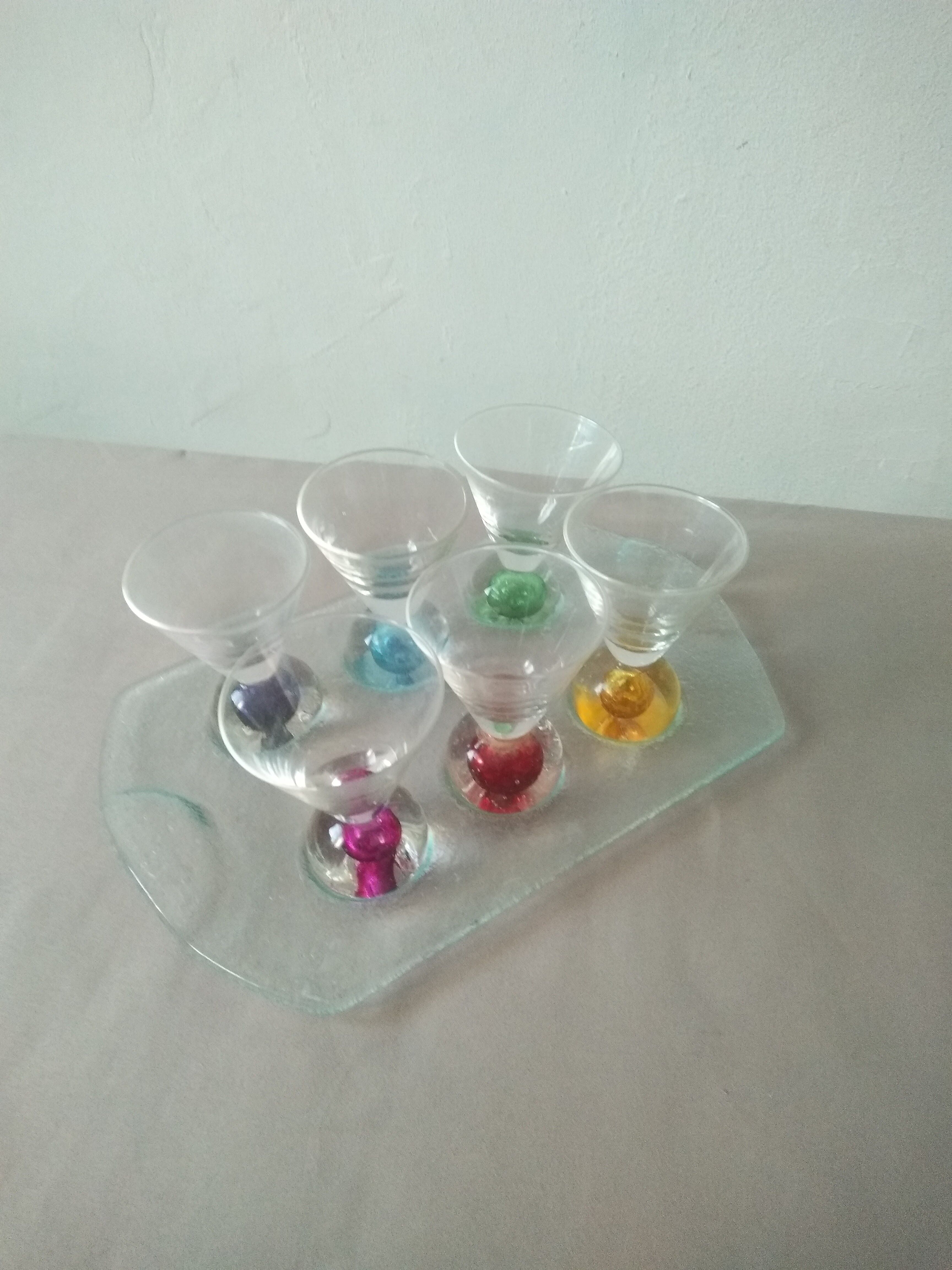 Box 6 liqueur glasses, colored ball base + serving tray, new