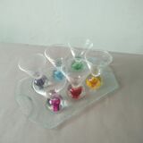 Box 6 liqueur glasses, colored ball base + serving tray, new