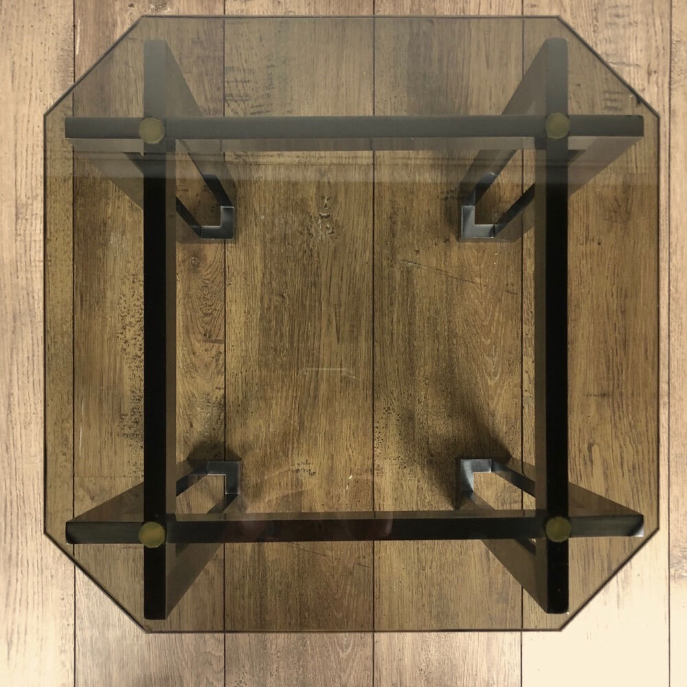 Brushed stainless steel design side table and 70s smoked glass